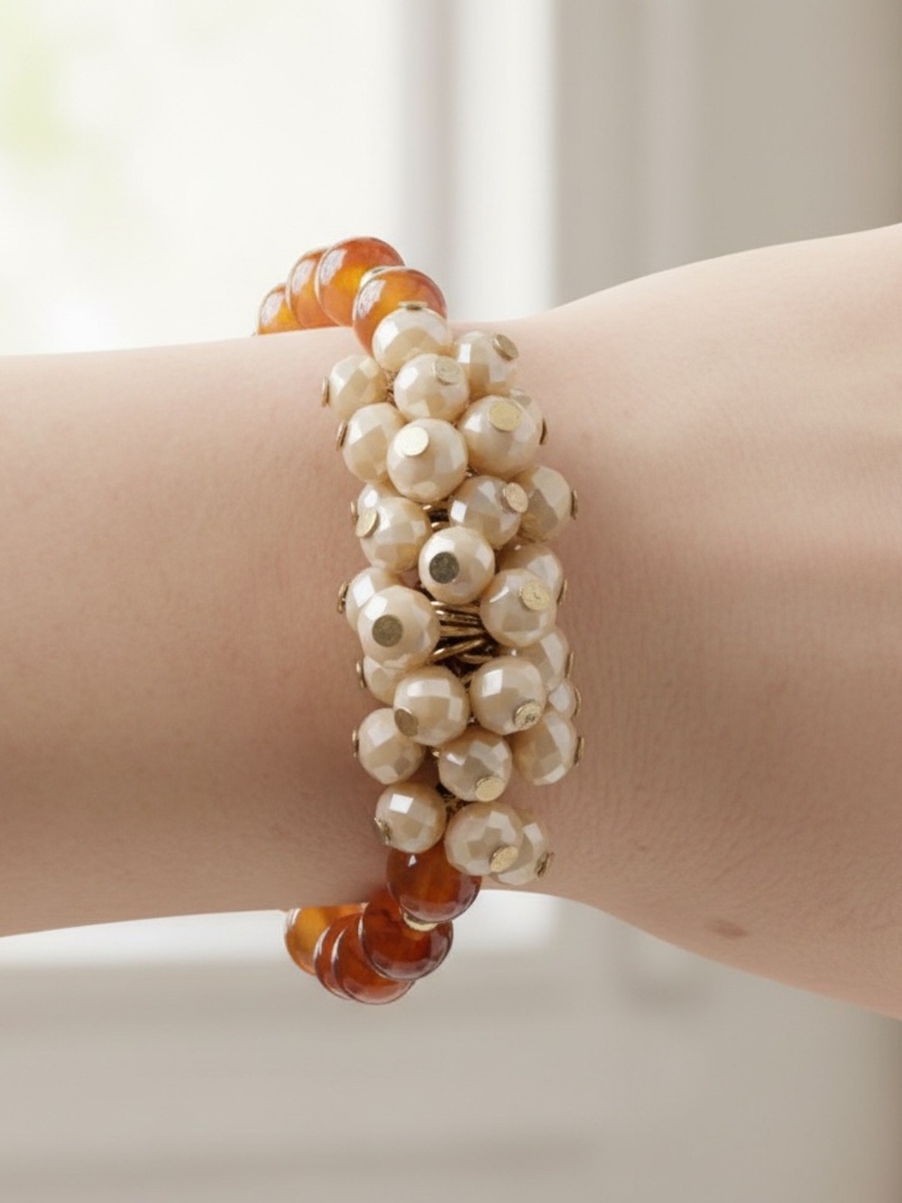 Carnelian Beaded Stretch Bracelet with Central Crystal Beads Cluster